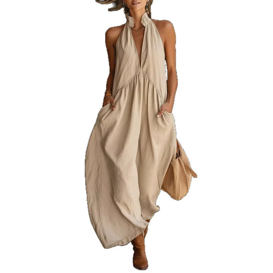 Women 2026 Minimalist Halter Neck Maxi Dress Casual Loose Fit