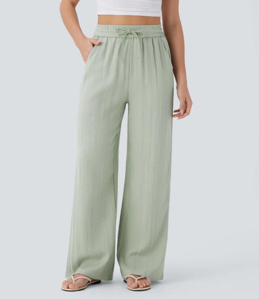 High Waisted Drawstring Pocket Wide Leg Casual Linen-Feel Pants
