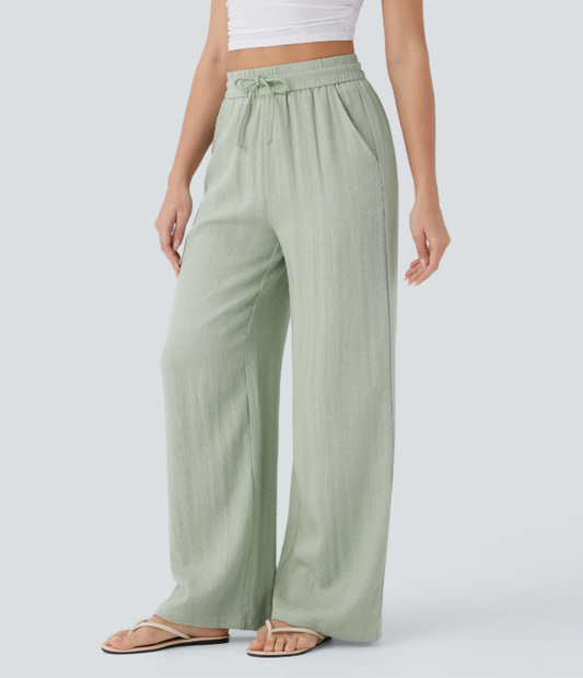 High Waisted Drawstring Pocket Wide Leg Casual Linen-Feel Pants