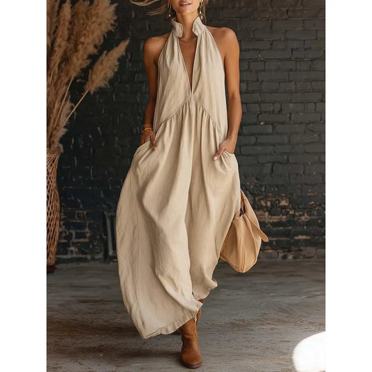 Women 2026 Minimalist Halter Neck Maxi Dress Casual Loose Fit